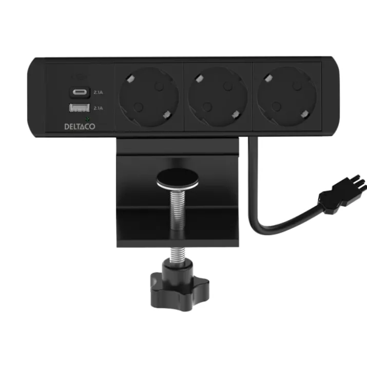 Deltaco bordstikdåse, 3 stikkontakter, A+C USB-oplader, sort