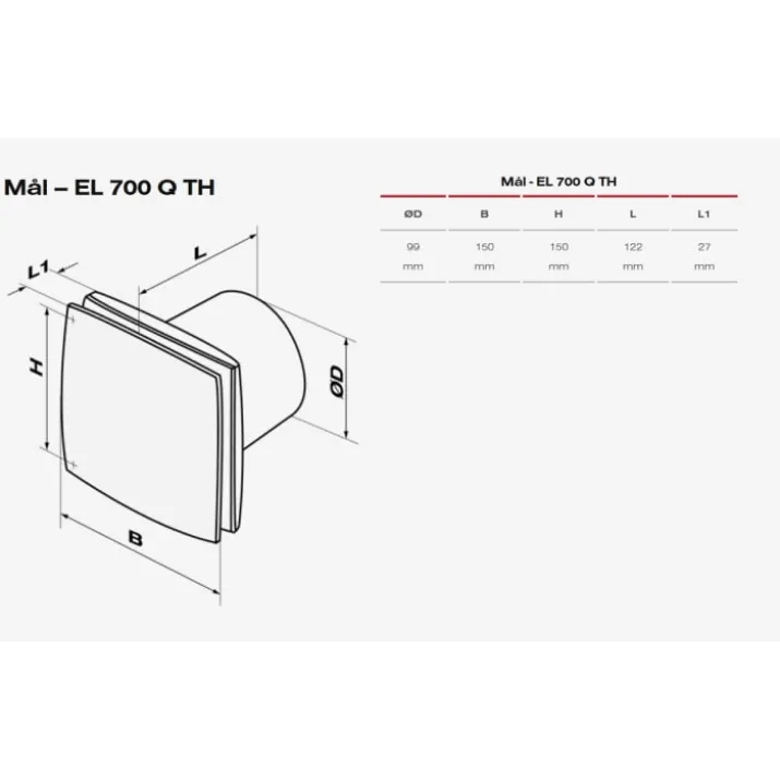 Duka EL 700Q TH badventilator, fugtstyring, timer, Ø100 mm, hvid