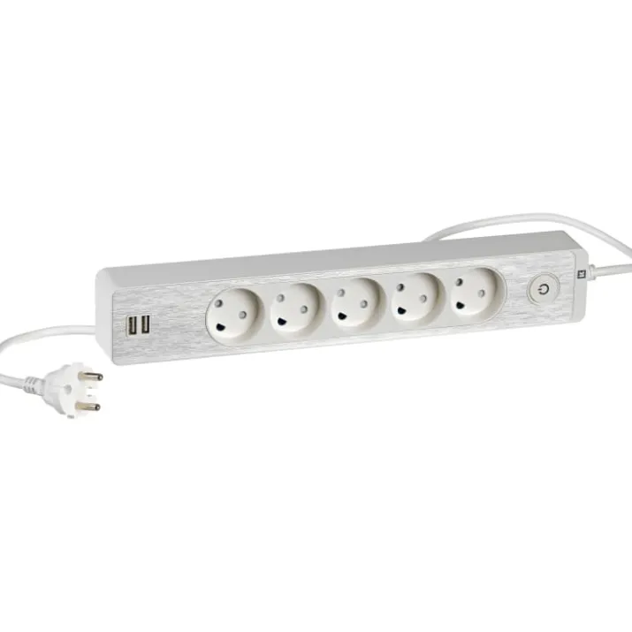 LK Fuga Design stikdåse 5 udtag, m/ledning + 2 USB, hvid med alu front