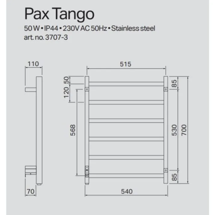 Pax Tango håndklædetørrer, el, 54x70 cm, krom