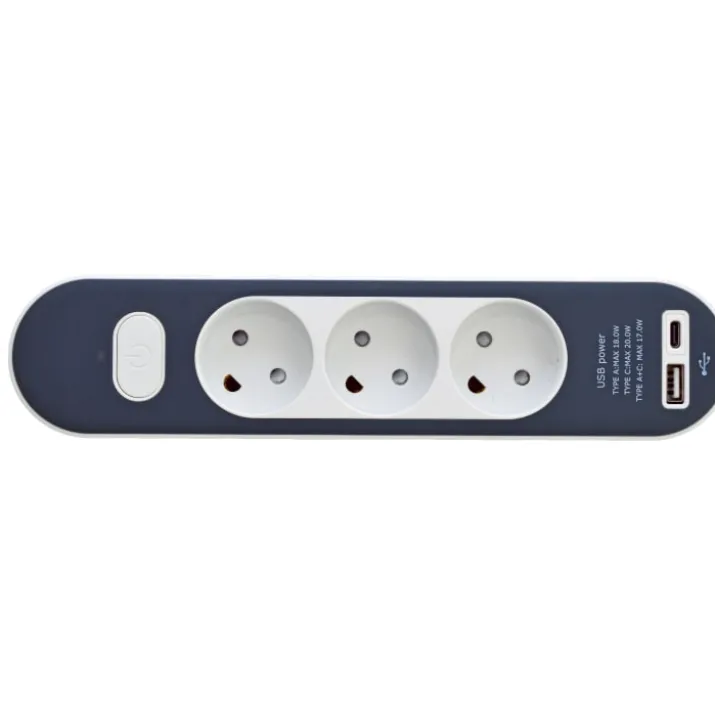 Stikdåse med 3 udtag, med afbryder, uden jord, USB-A+C, 1,4 meter
