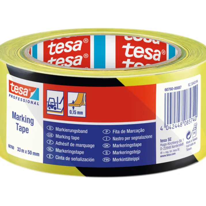 Tesa advarselstape, gul/sort, 33 meter