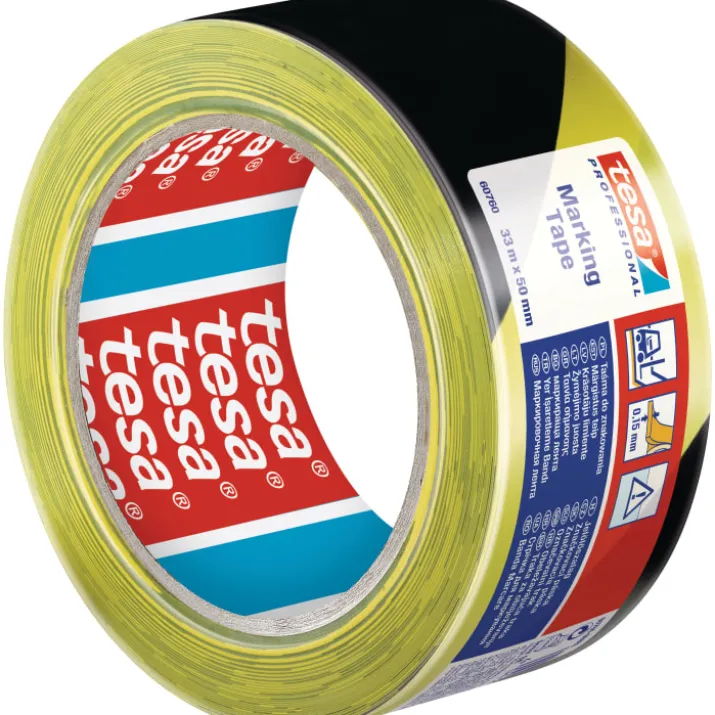 Tesa advarselstape, gul/sort, 33 meter